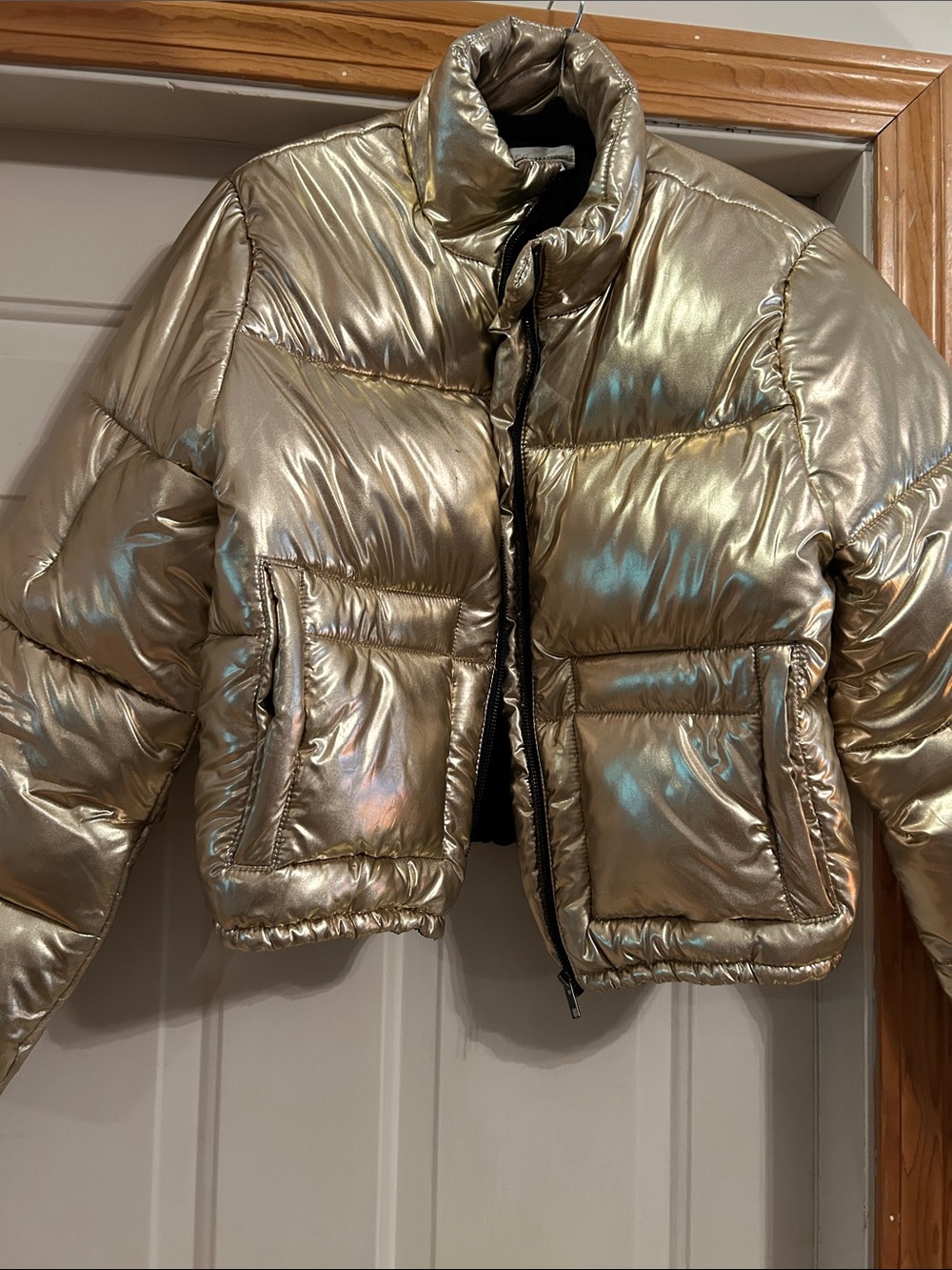Lovers + Friends Shimmery Gold Cropped Puffer Jacket